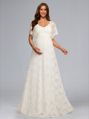 A-Line/Princess V-Neck Floor-Length Short Sleeves Lace Baby Shower Wedding Dresses