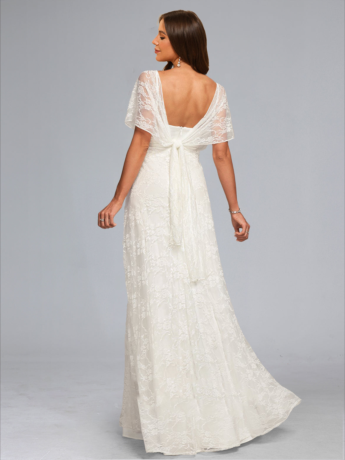 A-Line/Princess V-Neck Floor-Length Short Sleeves Lace Maternity Wedding Dresses