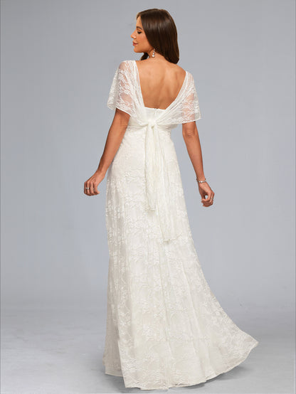 A-Line/Princess V-Neck Floor-Length Short Sleeves Lace Baby Shower Wedding Dresses