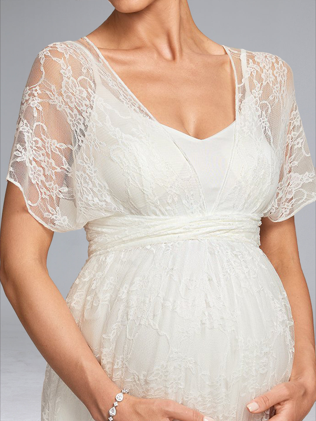 A-Line/Princess V-Neck Floor-Length Short Sleeves Lace Maternity Wedding Dresses
