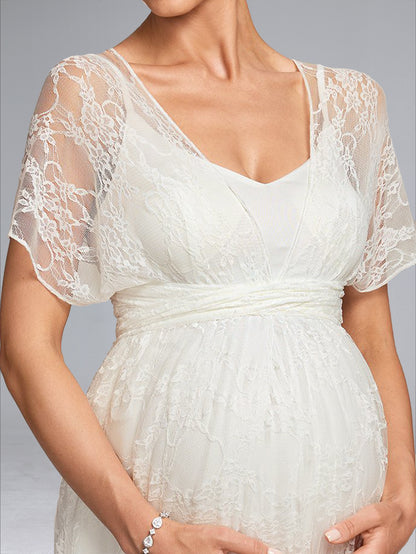 A-Line/Princess V-Neck Floor-Length Short Sleeves Lace Baby Shower Wedding Dresses