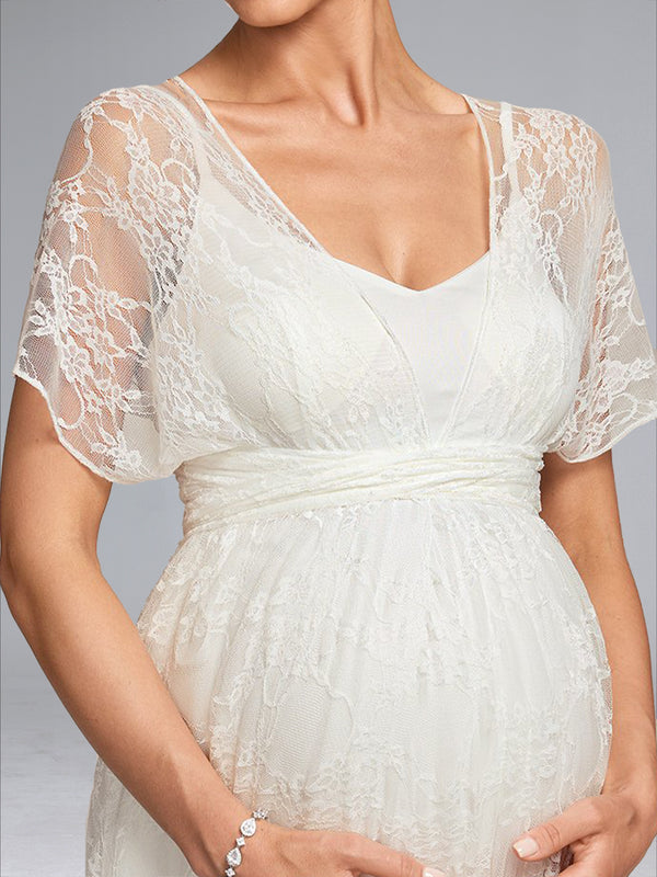 A-Line/Princess V-Neck Floor-Length Short Sleeves Lace Baby Shower Wedding Dresses