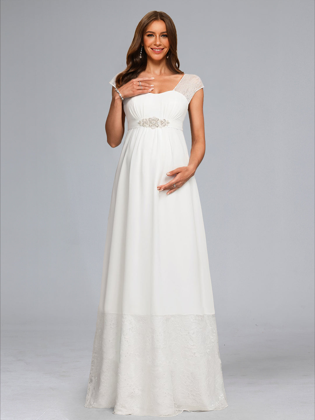 A-Line/Princess Square Neck Floor-Length Chiffon Maternity Wedding Dresses with Lace