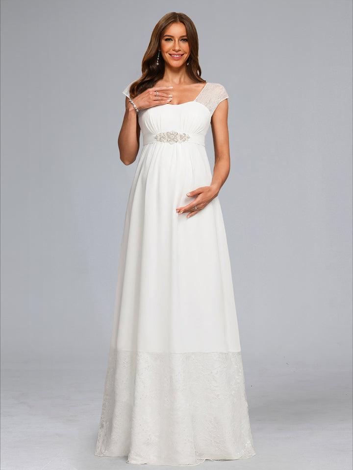 A-Line/Princess Square Neck Floor-Length Chiffon Maternity Wedding Dresses with Lace