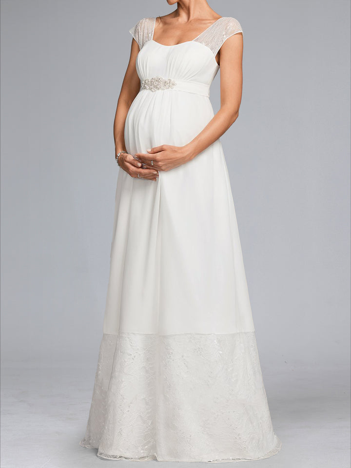A-Line/Princess Square Neck Floor-Length Chiffon Maternity Wedding Dresses with Lace