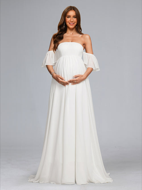 strapless chiffon maternity dress Celese Off the Shoulder Strapless Cape Chiffon Maternity Maxi Dress