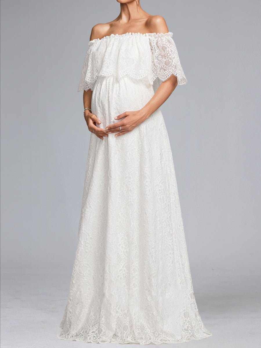 A-Line/Princess Off-the-Shoulder Lace Floor-Length Maternity Wedding Dresses