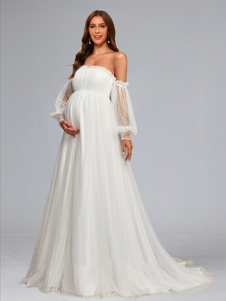 A-Line/Princess Strapless Tulle Sweep Train Maternity Wedding Dresses with Removable Sleeves