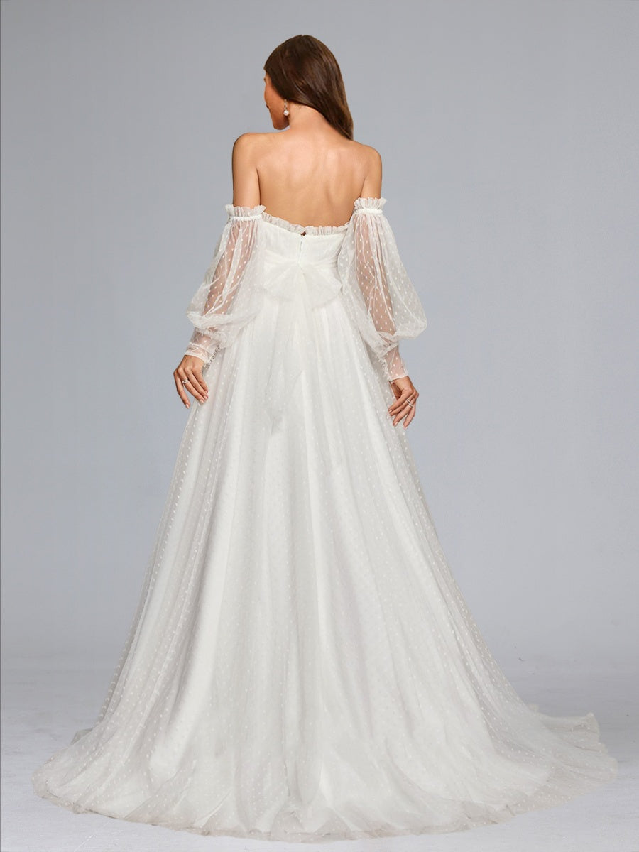 A-Line/Princess Strapless Tulle Sweep Train Baby Shower Wedding Dresses with Removable Sleeves