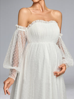 A-Line/Princess Strapless Tulle Sweep Train Baby Shower Wedding Dresses with Removable Sleeves