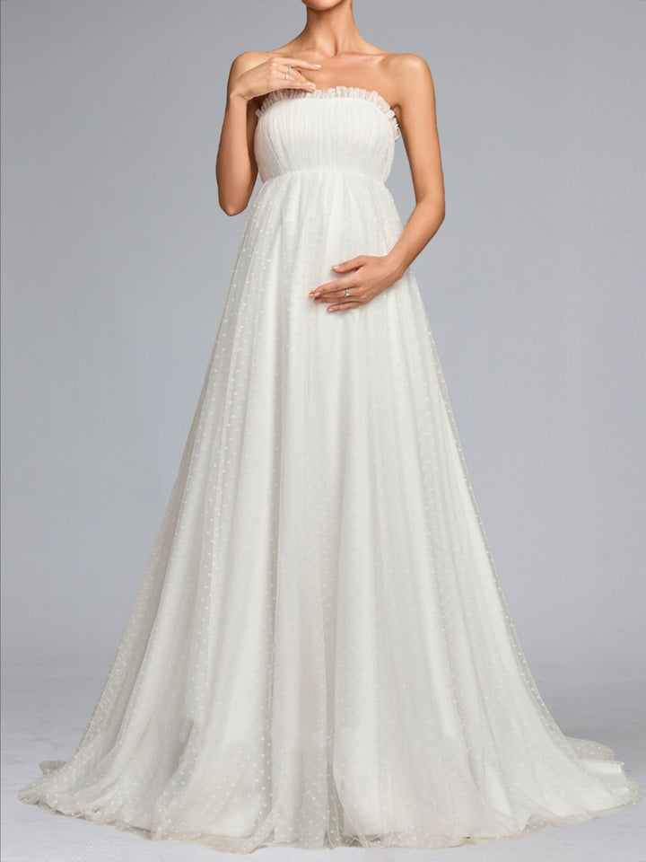 A-Line/Princess Strapless Tulle Sweep Train Maternity Wedding Dresses with Removable Sleeves