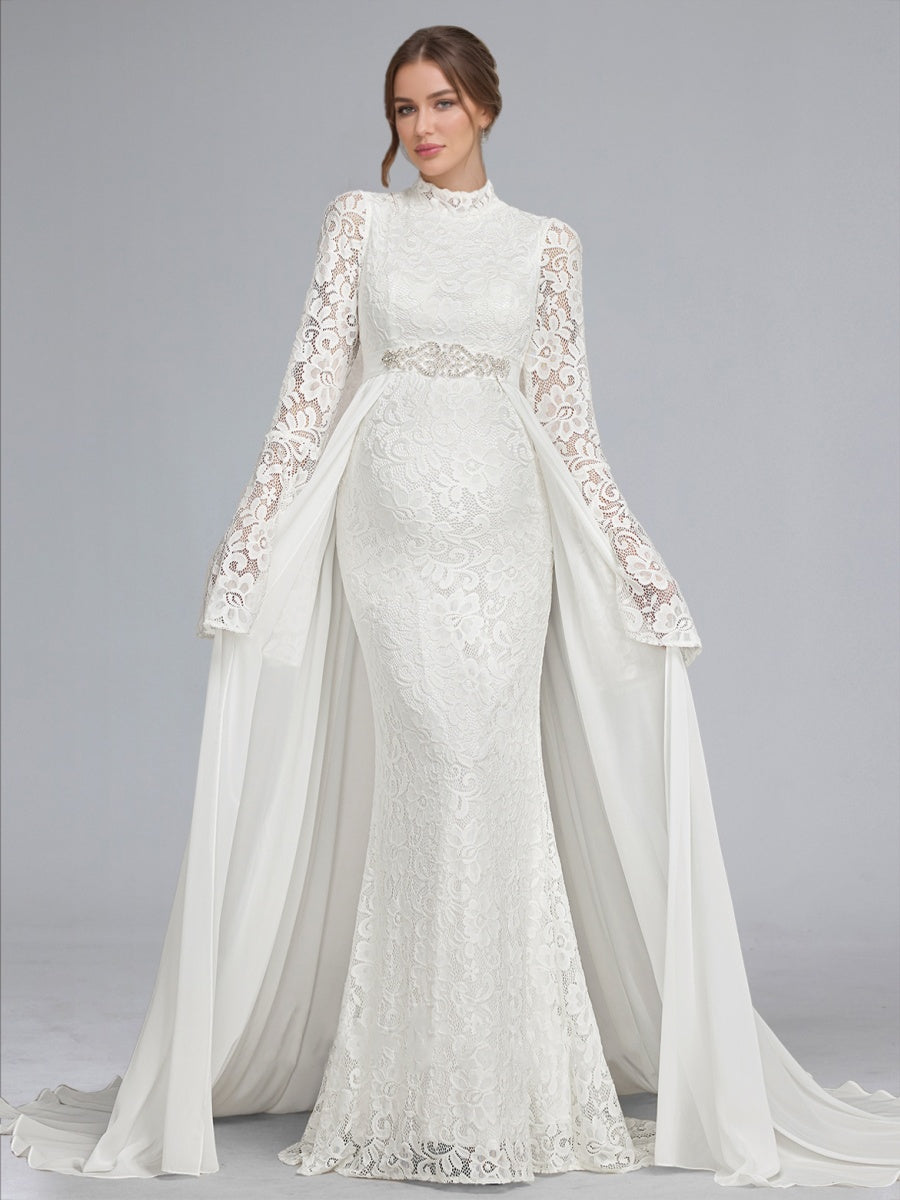 Trumpet/Mermaid High Neck Lace Sweep Train Long Sleeves Maternity Wedding Dresses with Waist Cape