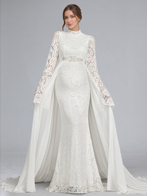 Trumpet/Mermaid High Neck Lace Sweep Train Long Sleeves Baby Shower Wedding Dresses with Waist Cape