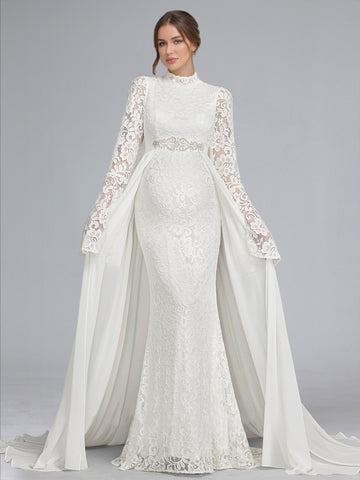 Trumpet/Mermaid High Neck Lace Sweep Train Long Sleeves Baby Shower Wedding Dresses with Waist Cape
