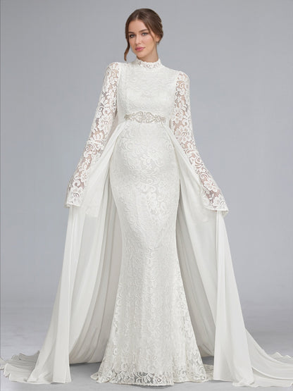 Trumpet/Mermaid High Neck Lace Sweep Train Long Sleeves Baby Shower Wedding Dresses with Waist Cape