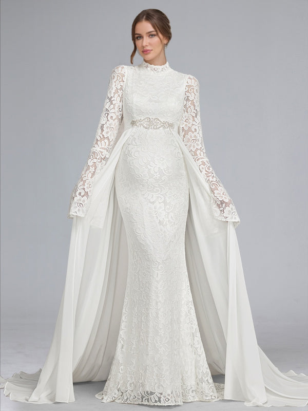 Trumpet/Mermaid High Neck Lace Sweep Train Long Sleeves Baby Shower Wedding Dresses with Waist Cape