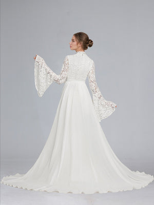 Trumpet/Mermaid High Neck Lace Sweep Train Long Sleeves Baby Shower Wedding Dresses with Waist Cape