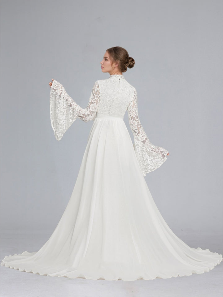 Trumpet/Mermaid High Neck Lace Sweep Train Long Sleeves Maternity Wedding Dresses with Waist Cape