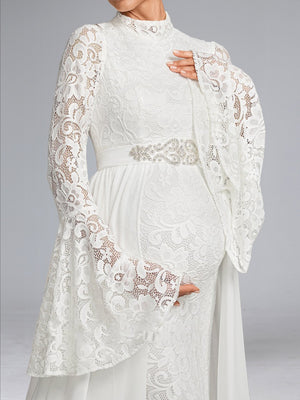 Trumpet/Mermaid High Neck Lace Sweep Train Long Sleeves Baby Shower Wedding Dresses with Waist Cape