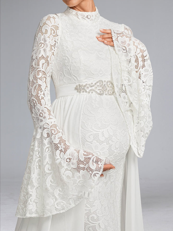 Trumpet/Mermaid High Neck Lace Sweep Train Long Sleeves Maternity Wedding Dresses with Waist Cape