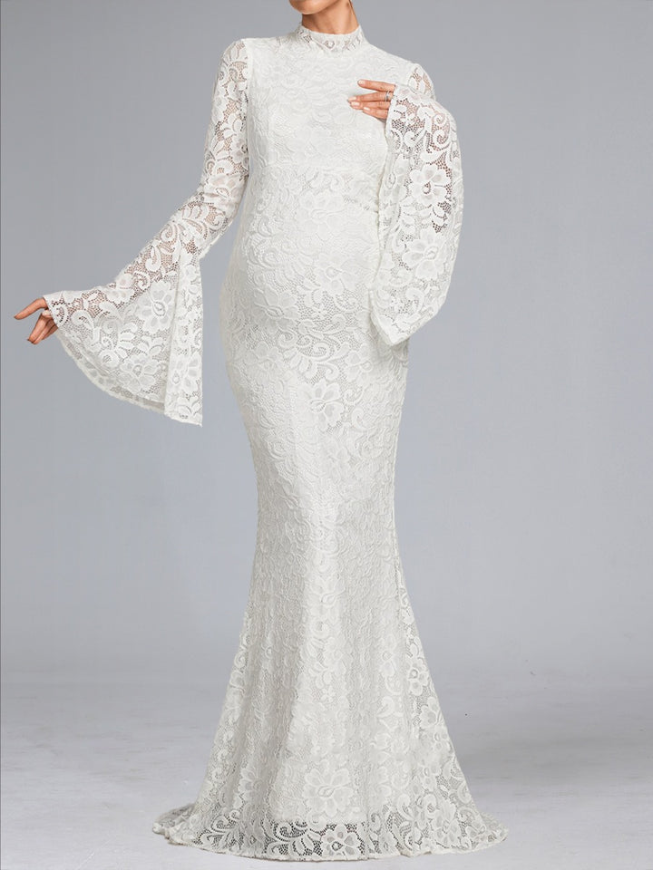 Trumpet/Mermaid High Neck Lace Sweep Train Long Sleeves Maternity Wedding Dresses with Waist Cape