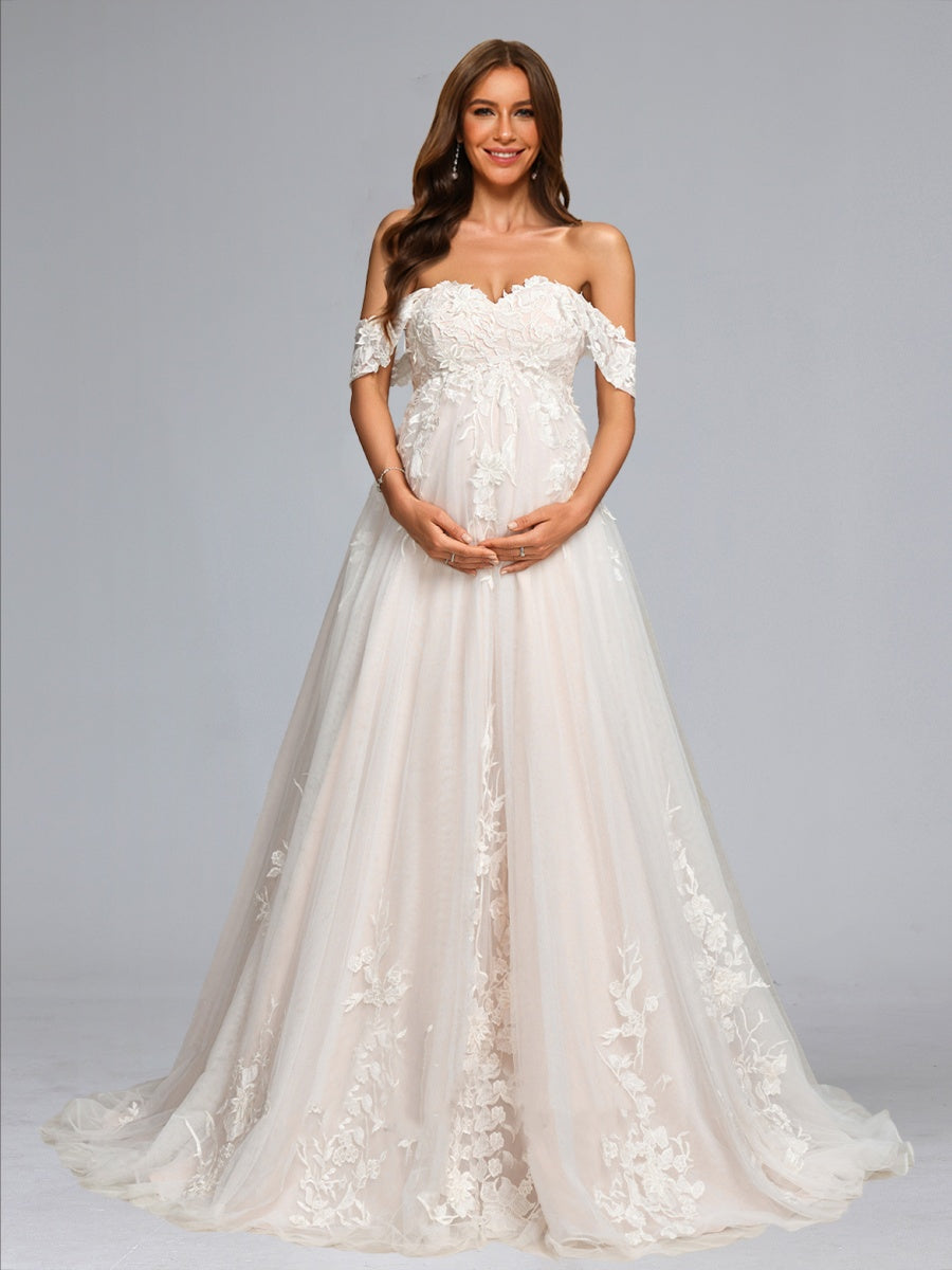 Elegant Ivory A-Line/Princess Off-the-Shoulder Tulle Sweep Train Maternity Dress Wedding Dresses with Appliques 2026