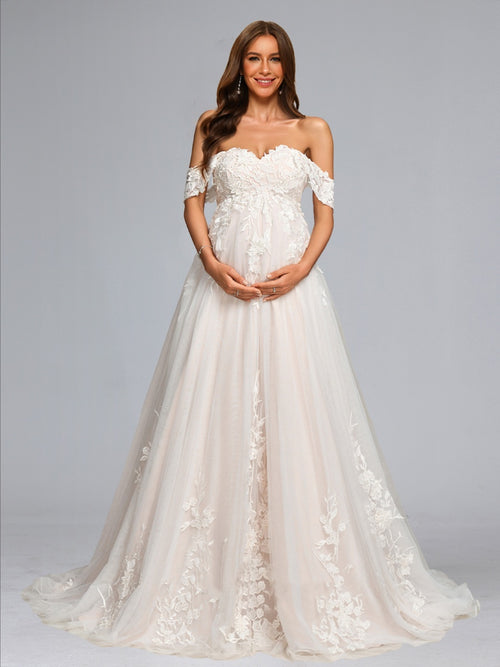 off the shoulder maternity wedding dress Maternity Simple Empire Wedding Dress Off Shoulder Long Sleeve Sweetheart Lace Chiffon Floor Length Chapel Train Ivory