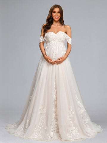 A-Line/Princess Off-the-Shoulder Tulle Sweep Train Baby Shower Wedding Dresses with Appliques