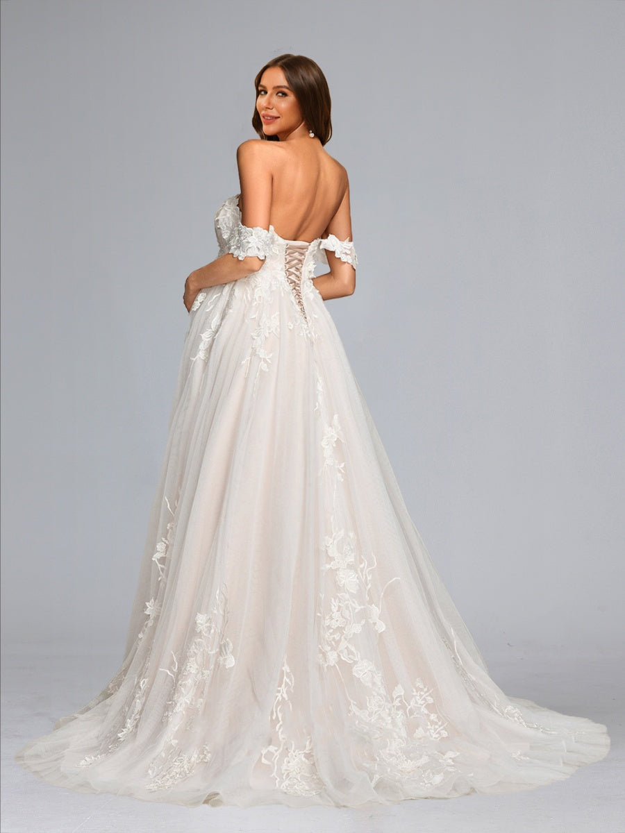 A-Line/Princess Off-the-Shoulder Tulle Sweep Train Baby Shower Wedding Dresses with Appliques