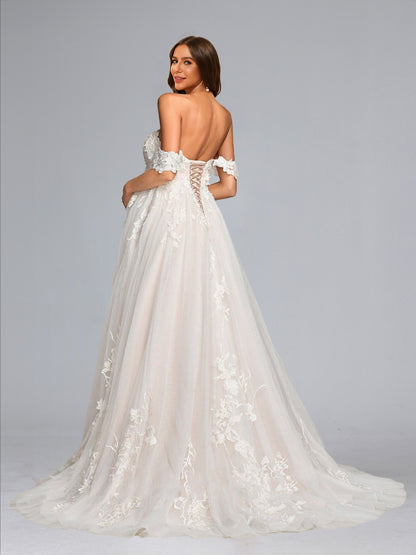 A-Line/Princess Off-the-Shoulder Tulle Sweep Train Baby Shower Wedding Dresses with Appliques