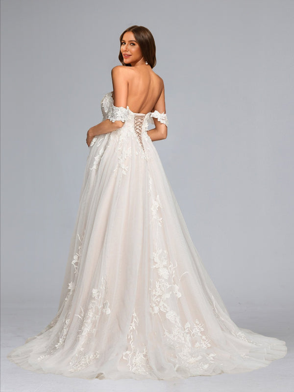 A-Line/Princess Off-the-Shoulder Tulle Sweep Train Baby Shower Wedding Dresses with Appliques