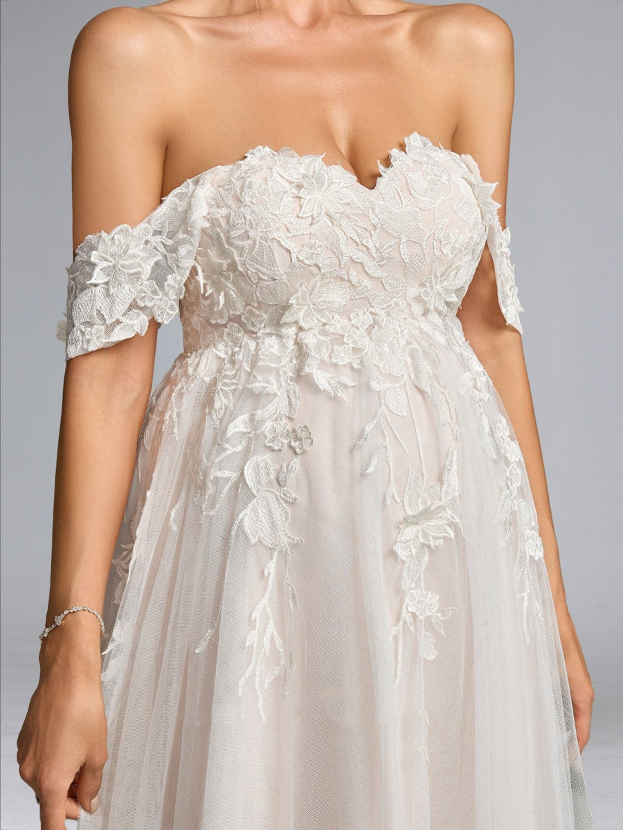 A-Line/Princess Off-the-Shoulder Tulle Sweep Train Maternity Wedding Dresses with Appliques