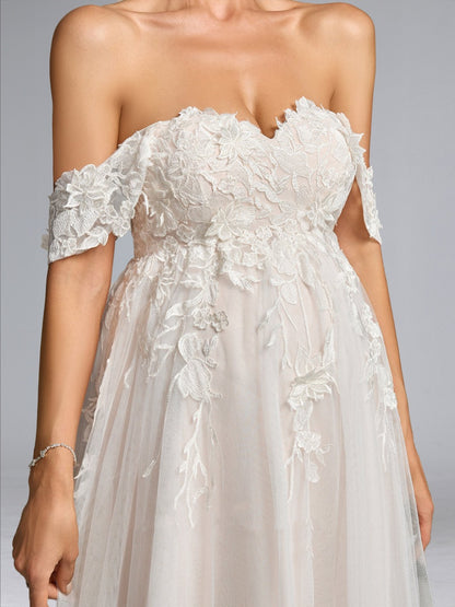 A-Line/Princess Off-the-Shoulder Tulle Sweep Train Baby Shower Wedding Dresses with Appliques