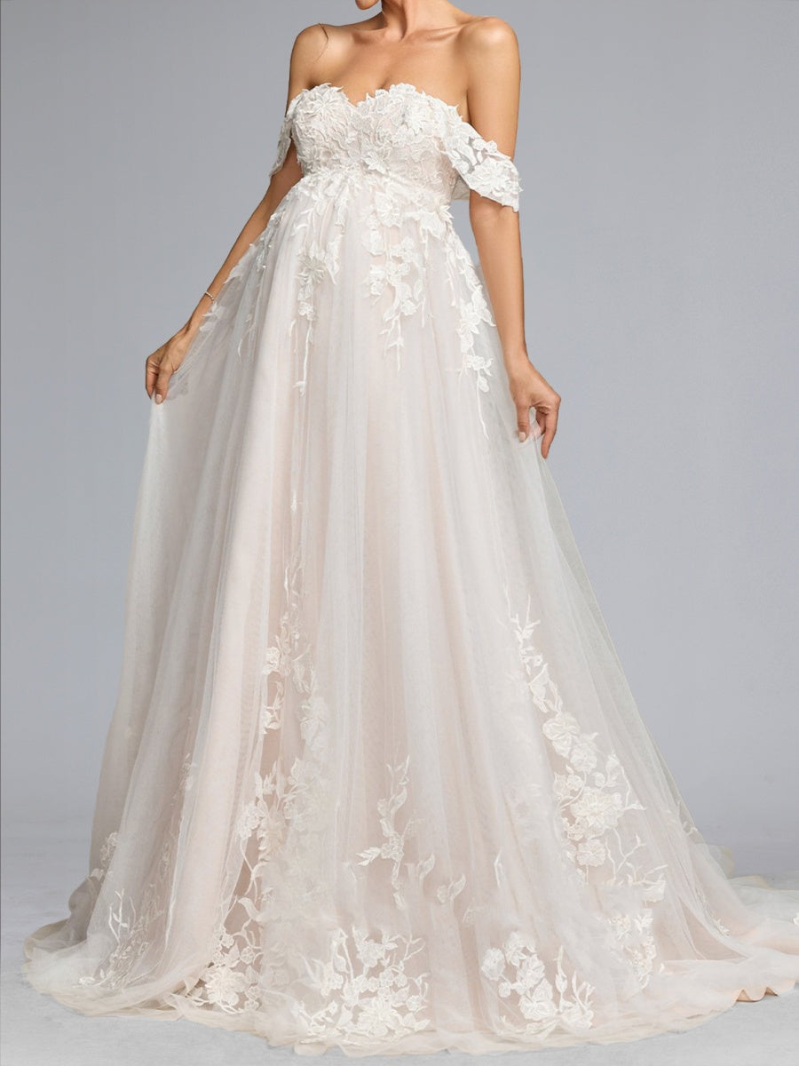 A-Line/Princess Off-the-Shoulder Tulle Sweep Train Baby Shower Wedding Dresses with Appliques