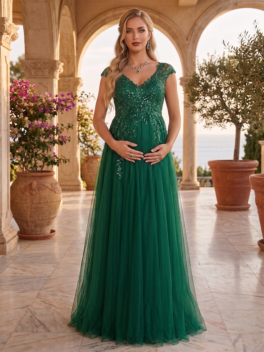 A-Line/Princess V-Neck Cap Sleeves Floor Length Maternity Wedding Guest Dresses with Lace