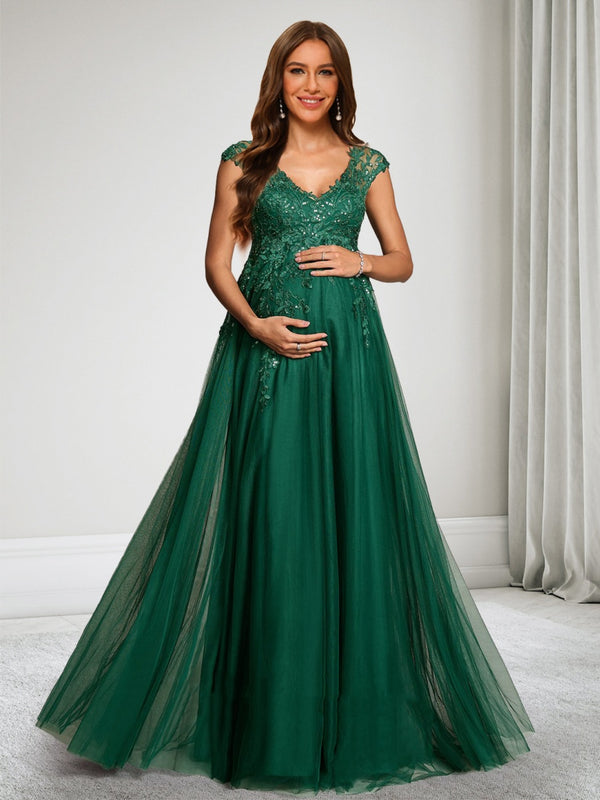 A-Line/Princess V-Neck Cap Sleeves Floor Length Baby Shower Wedding Guest Dresses with Lace