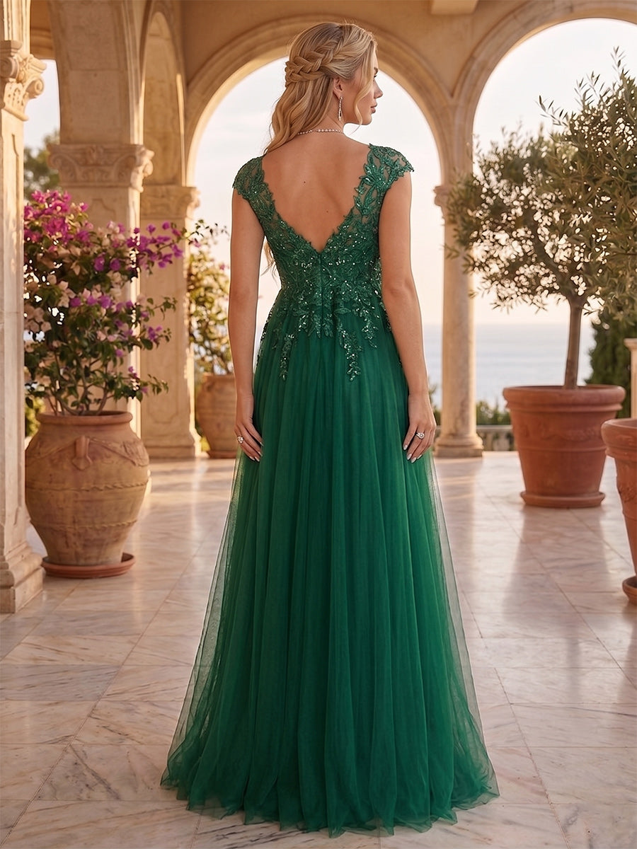 A-Line/Princess V-Neck Cap Sleeves Floor Length Maternity Wedding Guest Dresses with Lace