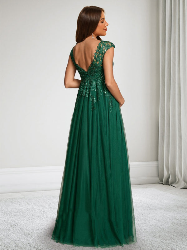 A-Line/Princess V-Neck Cap Sleeves Floor Length Baby Shower Wedding Guest Dresses with Lace