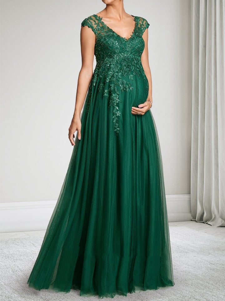 A-Line/Princess V-Neck Cap Sleeves Floor Length Maternity Wedding Guest Dresses with Lace