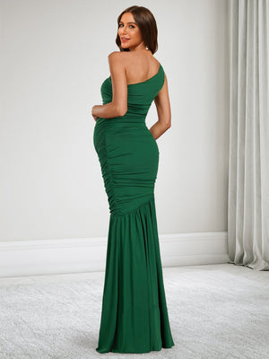 Trumpet/Mermaid One Shoulder Sleeveless Floor Length Baby Shower Wedding Guest Dresses with Side Slit