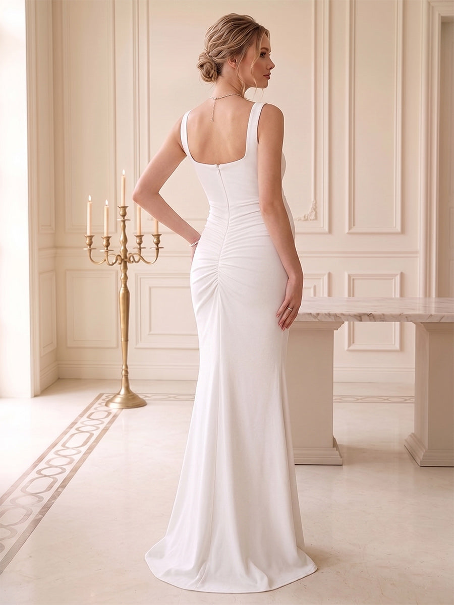 Sheath/Cloumn Square Neck Sleeveless Floor Length Maternity Wedding Guest Dresses with Side Slit