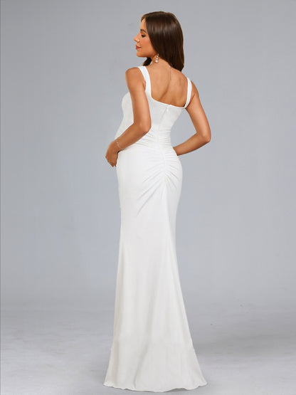 Sheath/Cloumn Square Neck Sleeveless Floor Length Baby Shower Wedding Guest Dresses with Side Slit