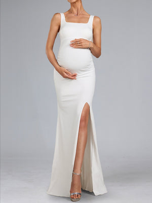 Sheath/Cloumn Square Neck Sleeveless Floor Length Baby Shower Wedding Guest Dresses with Side Slit
