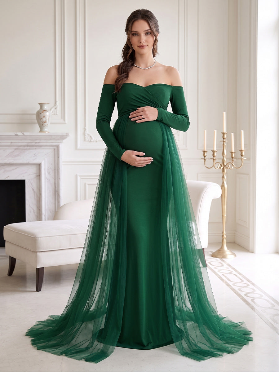 Sheath/Cloumn Off-the-Shoulder Long Sleeves Floor Length Maternity Wedding Guest Dresses with Waist Cape