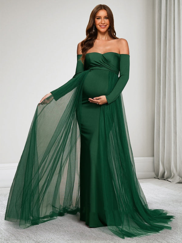 Sheath/Cloumn Off-the-Shoulder Long Sleeves Floor Length Baby Shower Wedding Guest Dresses with Waist Cape