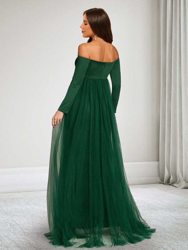 Sheath/Cloumn Off-the-Shoulder Long Sleeves Floor Length Baby Shower Wedding Guest Dresses with Waist Cape