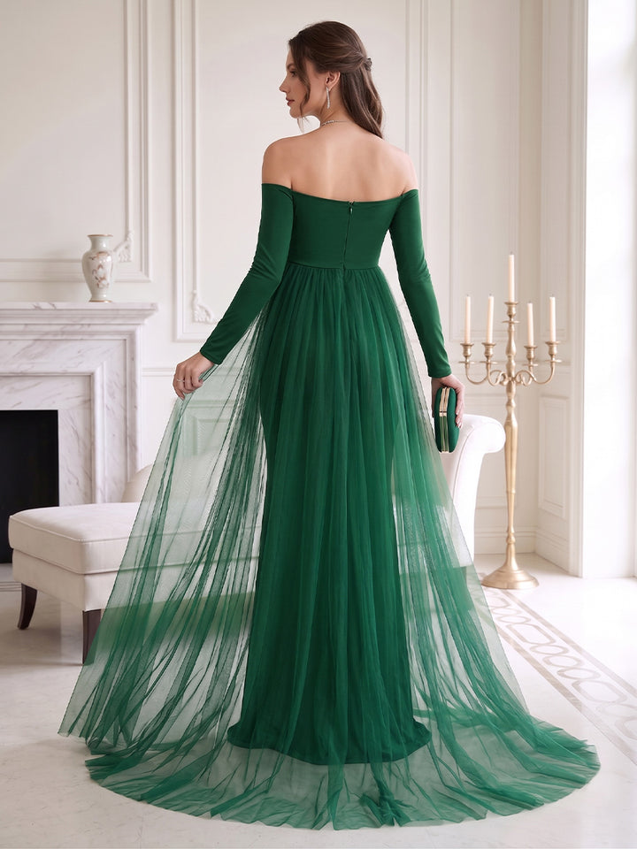Sheath/Cloumn Off-the-Shoulder Long Sleeves Floor Length Maternity Wedding Guest Dresses with Waist Cape