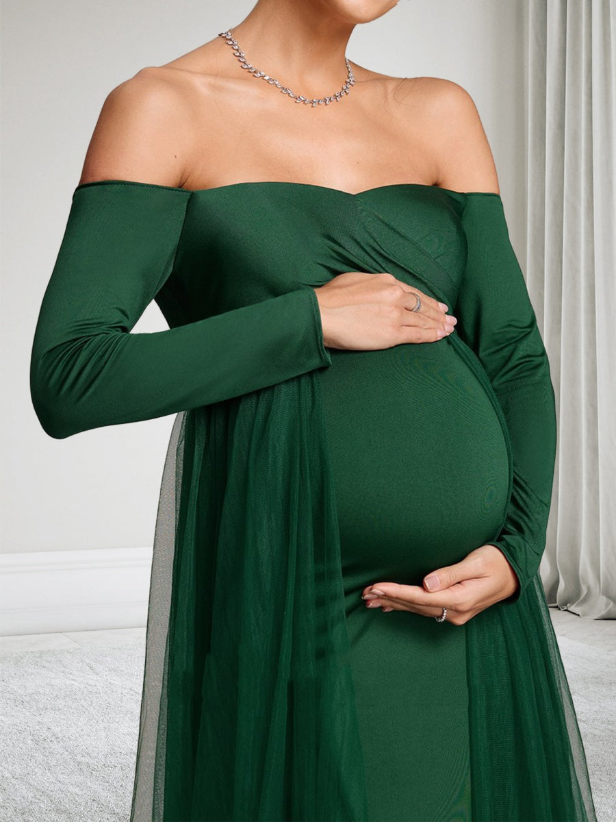 Sheath/Cloumn Off-the-Shoulder Long Sleeves Floor Length Maternity Wedding Guest Dresses with Waist Cape