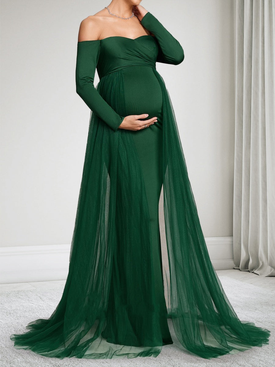 Sheath/Cloumn Off-the-Shoulder Long Sleeves Floor Length Maternity Wedding Guest Dresses with Waist Cape