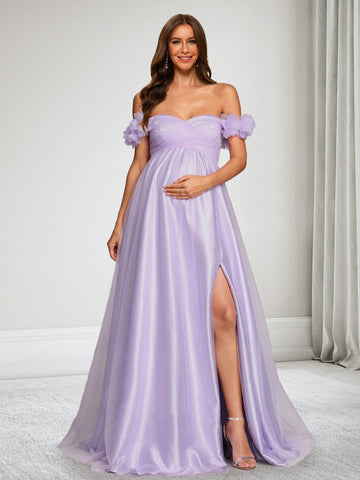 A-Line/Princess Off-the-Shoulder Floor Length Baby Shower Wedding Guest Dresses with Side Slit & 3D Flower